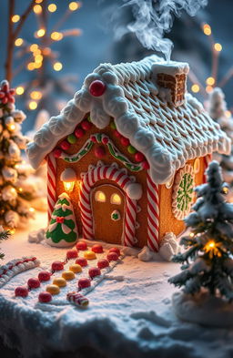 A whimsical and beautifully decorated gingerbread house, set in a snowy winter landscape