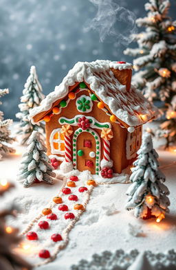A whimsical and beautifully decorated gingerbread house, set in a snowy winter landscape