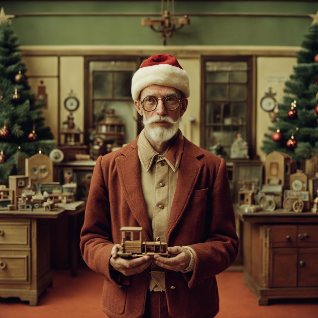 A Wes Anderson-style photograph of a slender Santa Claus in a tailored suit and flat cap, holding an antique toy train in a vintage study room with a large Christmas tree.