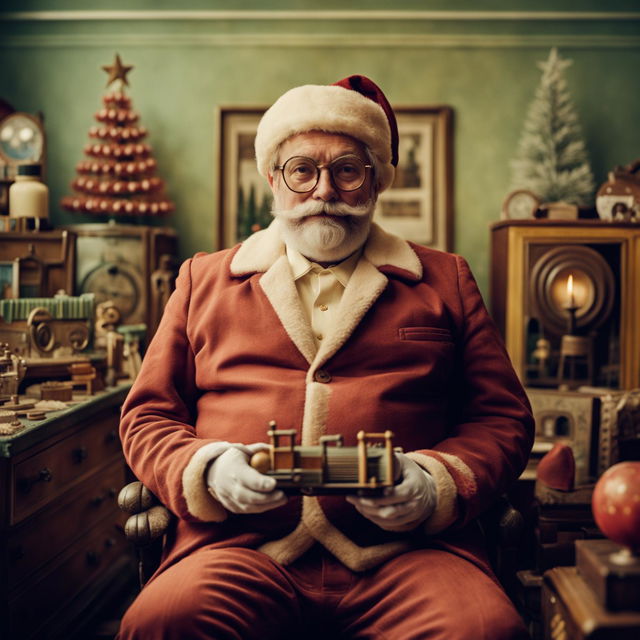 A Wes Anderson-style photograph of a jolly and fat Santa Claus in a tailored suit and flat cap, holding an antique toy train in a vintage study room with a large Christmas tree.