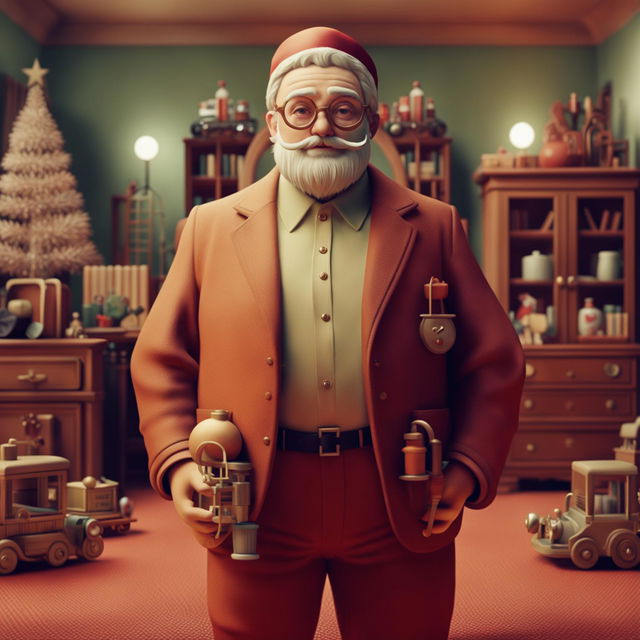 A 3D animated image of a jolly and fat Santa Claus in a tailored suit and flat cap, in a Wes Anderson-inspired vintage study room with a large Christmas tree.