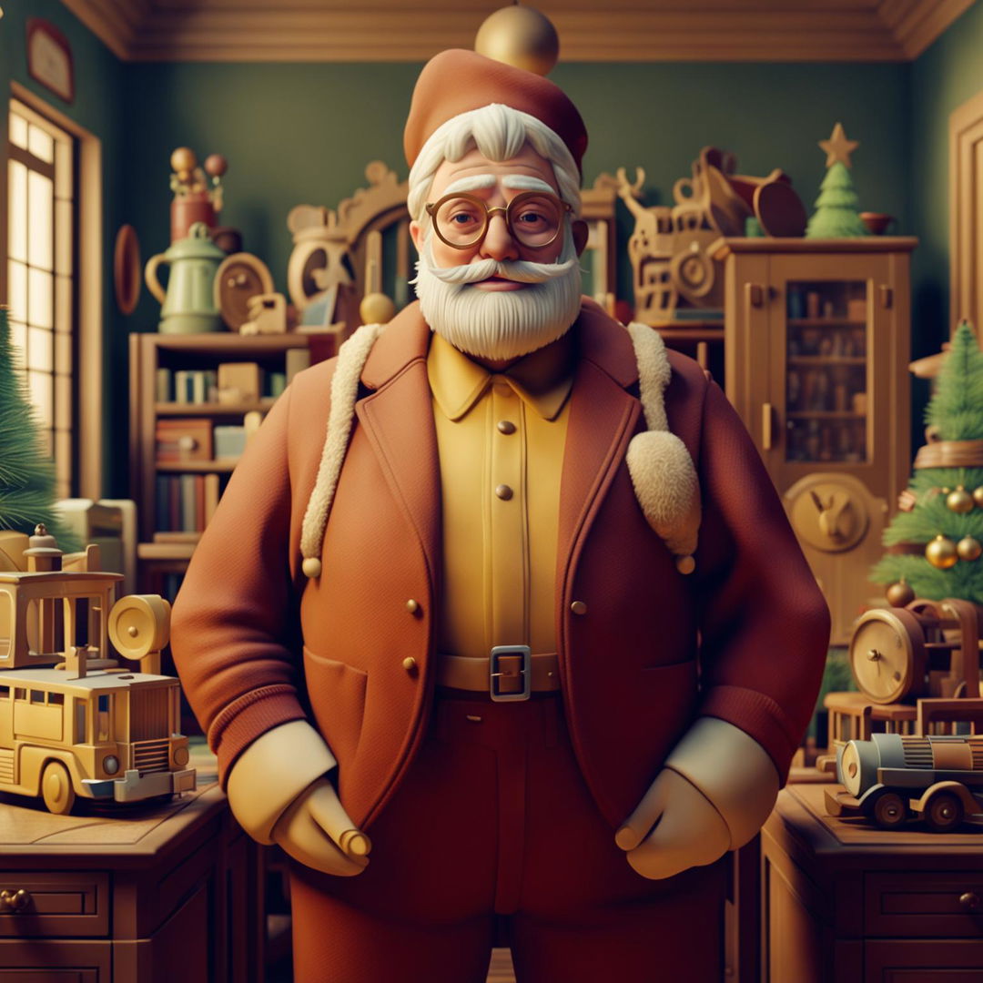 A 3D animated image of a jolly and fat Santa Claus in a tailored suit and flat cap, in a Wes Anderson-inspired vintage study room with a large Christmas tree, dominated by yellow and pastel hues.