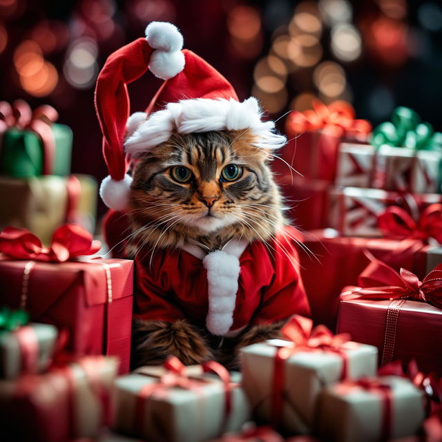 A high-resolution 32k photograph taken with a 200mm lens of a cat dressed as Santa Claus, surrounded by a multitude of gifts.