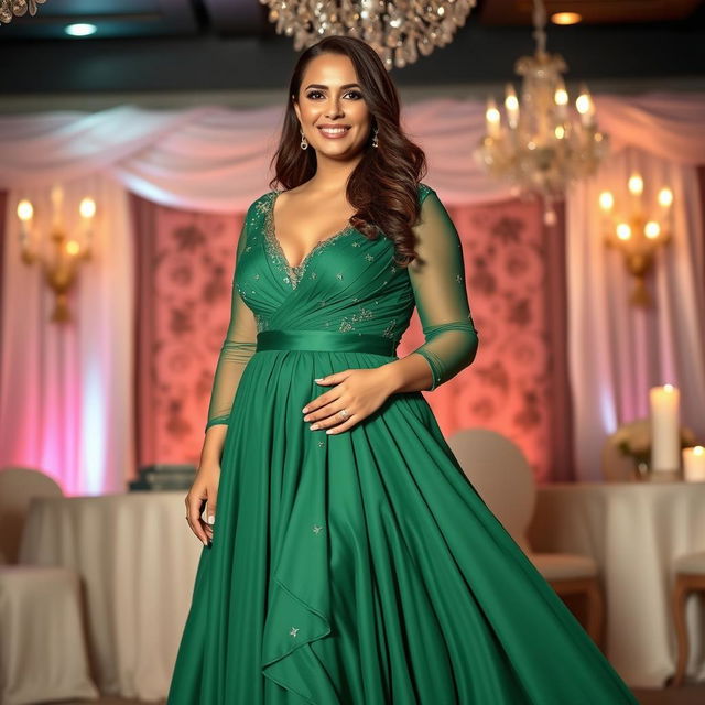 A radiant evening gown designed for a 37-year-old woman with a petite figure, specifically tailored for curvy plus-size individuals