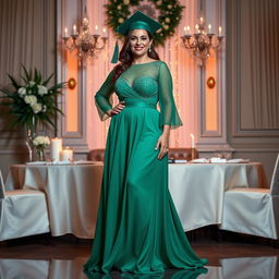 A radiant evening gown designed for a 37-year-old woman with a petite figure, specifically tailored for curvy plus-size individuals