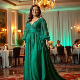 A radiant evening gown designed for a 37-year-old woman with a petite figure, specifically tailored for curvy plus-size individuals