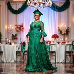 A radiant evening gown designed for a 37-year-old woman with a petite figure, specifically tailored for curvy plus-size individuals