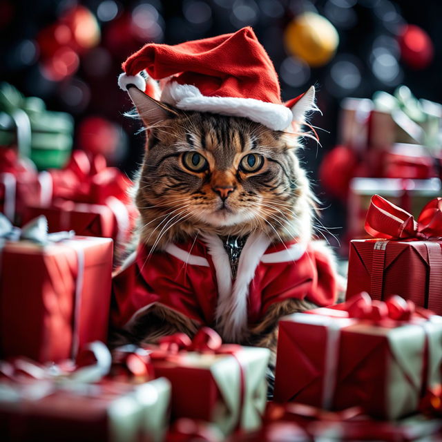 A high-resolution 32k photograph taken with a 200mm lens of a cat dressed as Santa Claus, surrounded by a multitude of gifts.