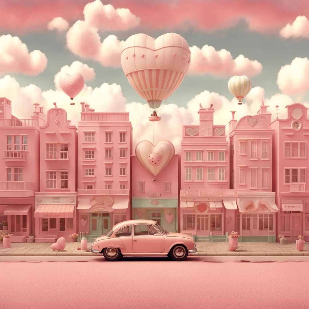 Wes Anderson-inspired digital art wallpaper in pastel pink for Valentine's Day featuring a heart-shaped hot air balloon over a quaint town.