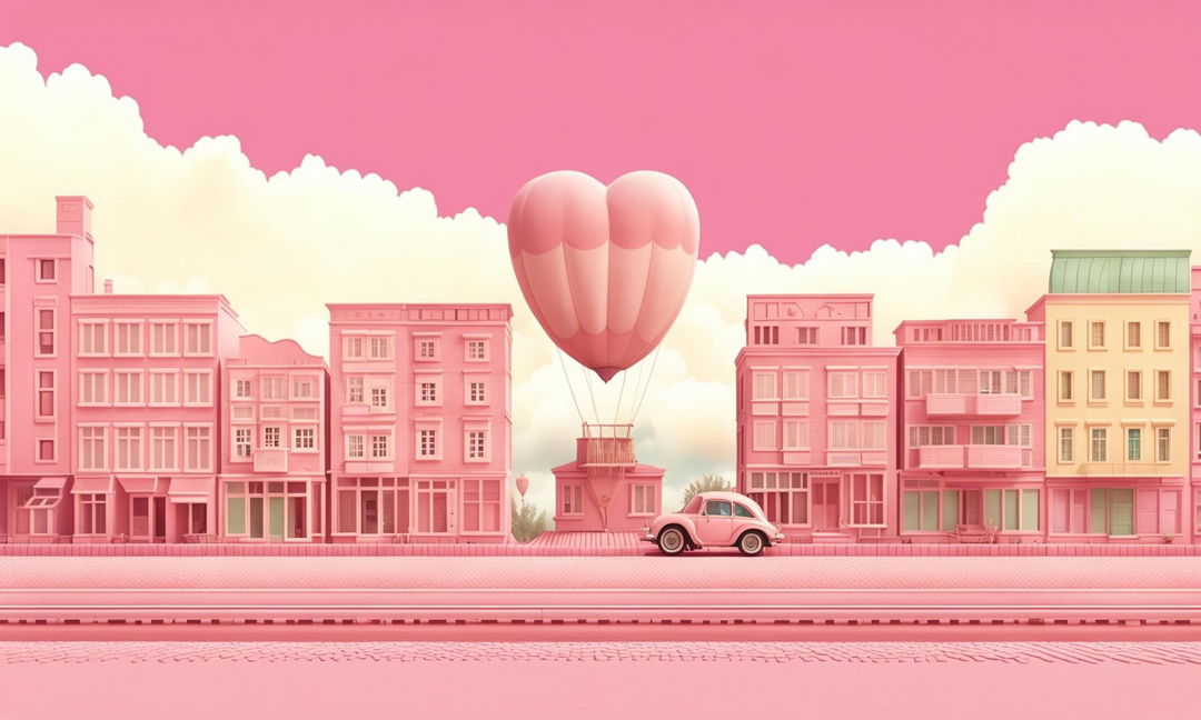 Wes Anderson-inspired digital art wallpaper in pastel pink for Valentine's Day featuring a heart-shaped hot air balloon over a quaint town.