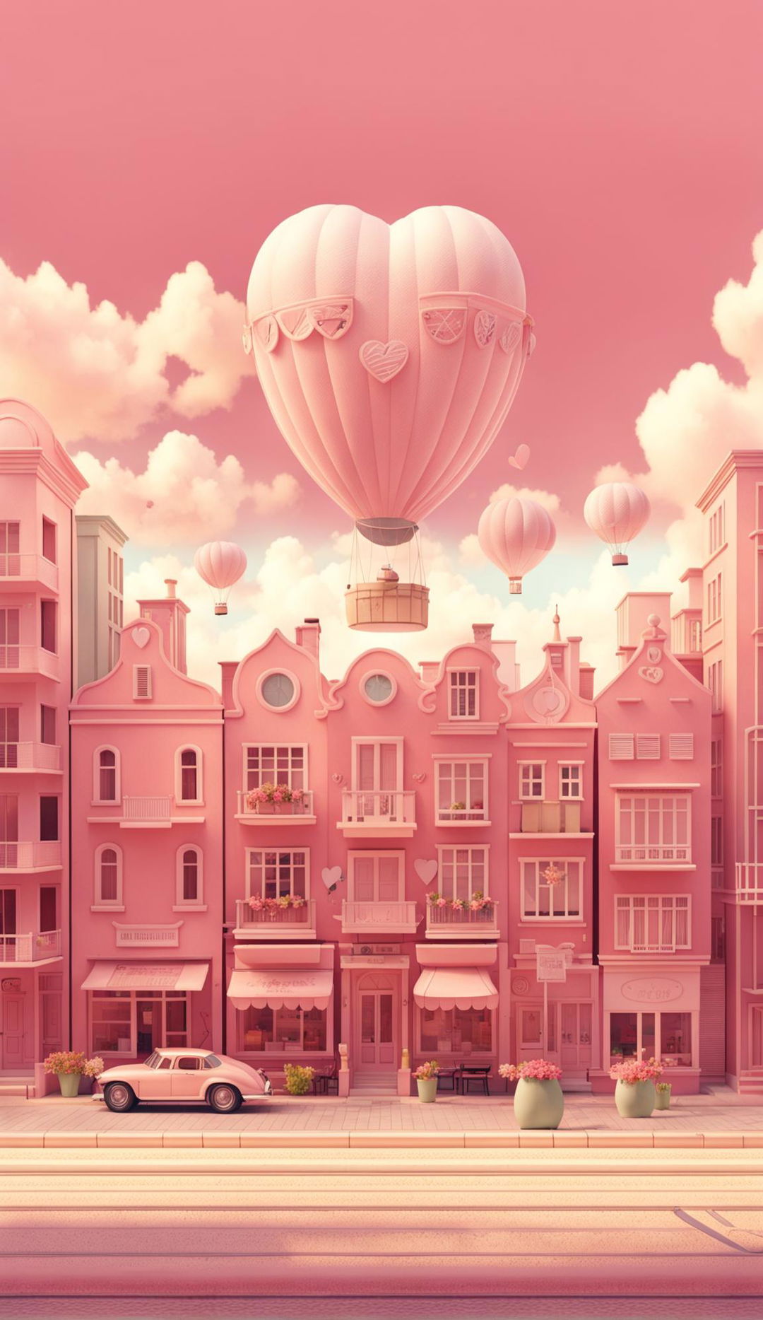 A Wes Anderson-inspired Valentine's Day wallpaper in pastel pink featuring a heart-shaped hot air balloon over a charming town.