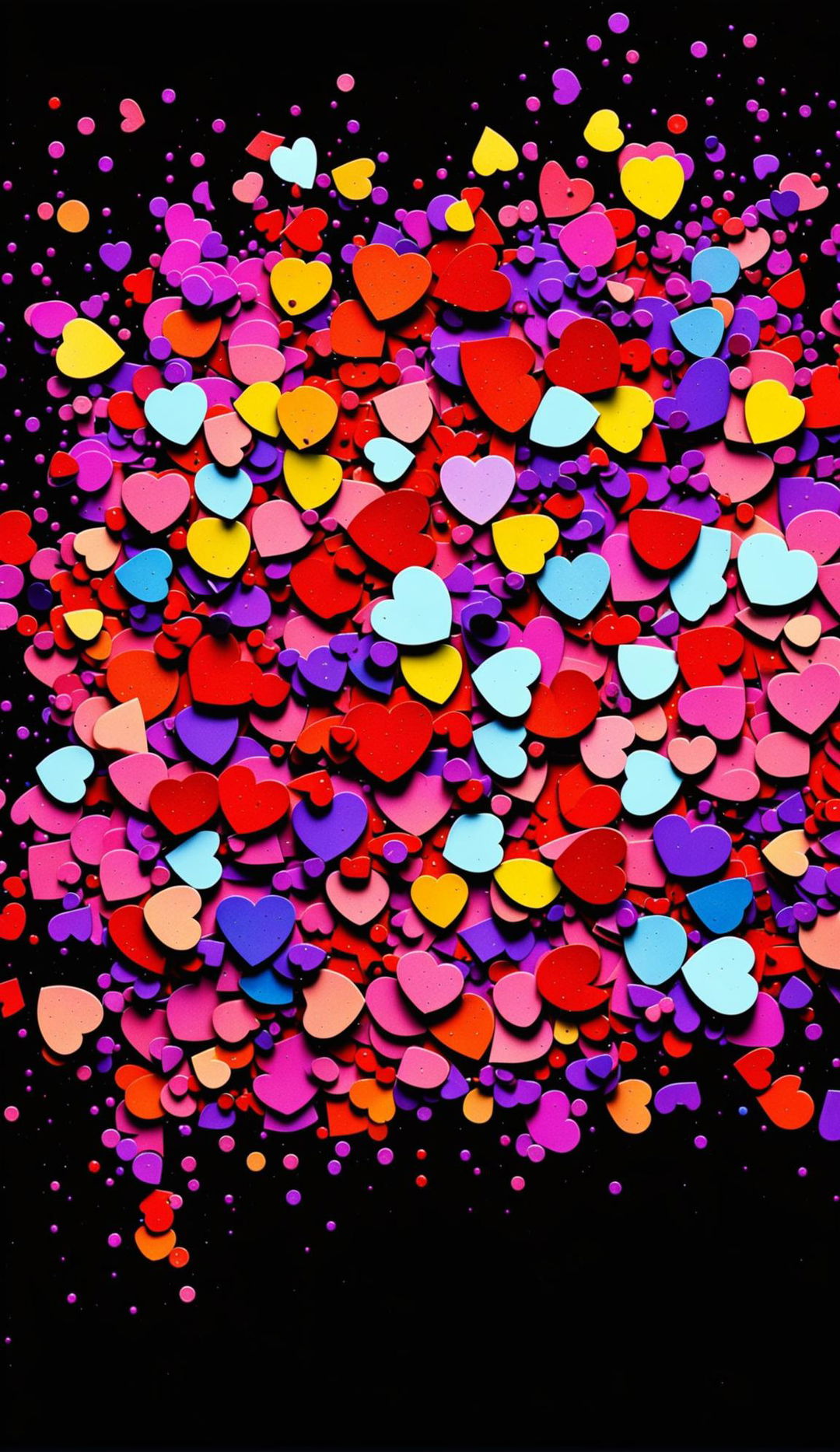 Abstract Valentine's Day wallpaper with exploding hearts in vibrant colours, inspired by Mario Testino's photography style.