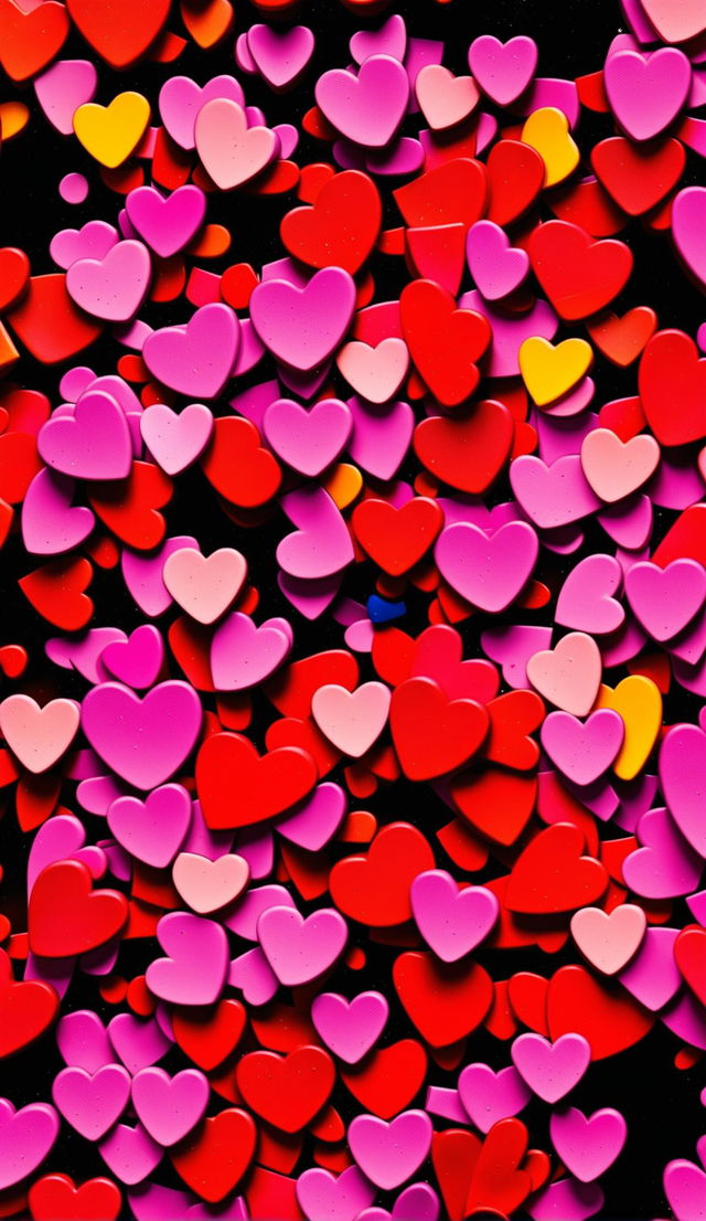 Abstract Valentine's Day wallpaper with exploding hearts in vibrant colours, inspired by Mario Testino's photography.