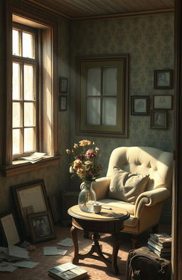 A depiction of a nostalgic and romantic scene inside an old, cozy house that hints at remnants of love