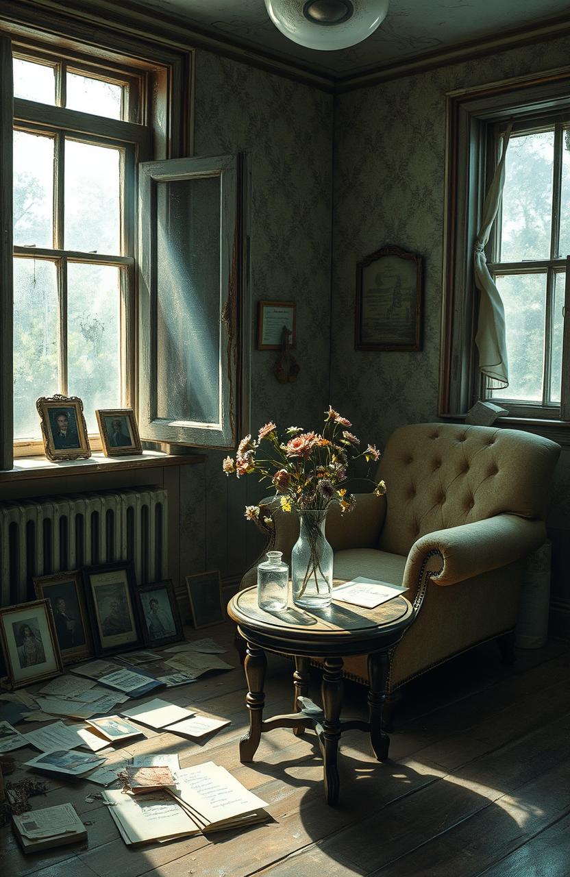 A depiction of a nostalgic and romantic scene inside an old, cozy house that hints at remnants of love