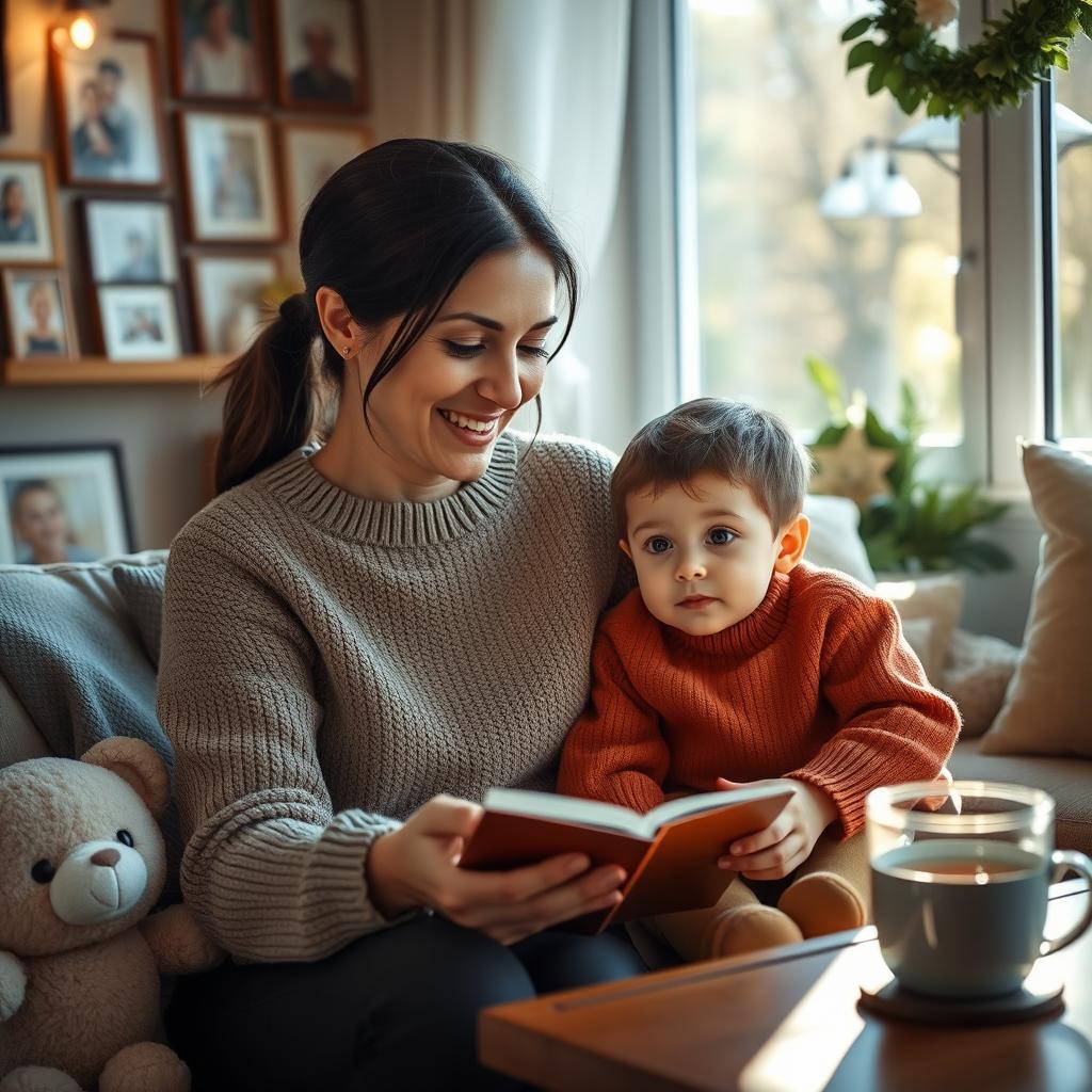 A heartwarming scene depicting a mother and child sitting together, surrounded by a cozy living room filled with family photos and warm lighting