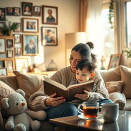 A heartwarming scene depicting a mother and child sitting together, surrounded by a cozy living room filled with family photos and warm lighting