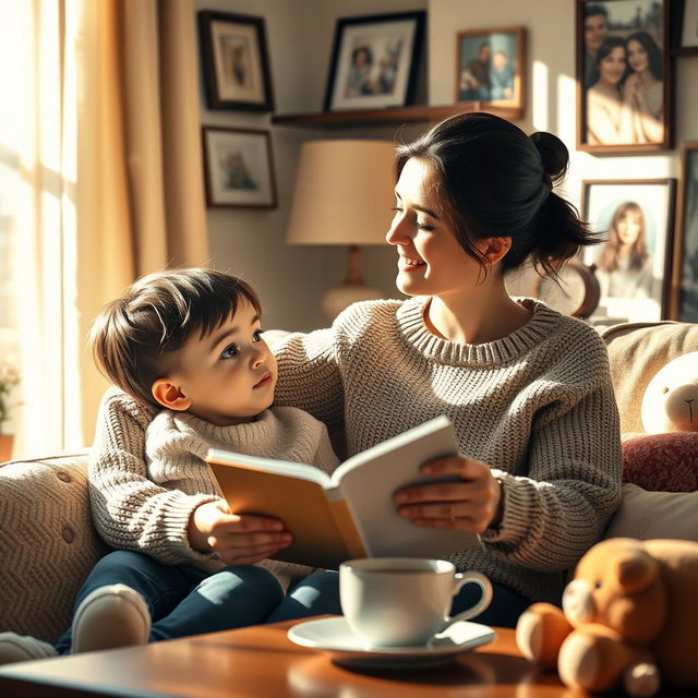 A heartwarming scene depicting a mother and child sitting together, surrounded by a cozy living room filled with family photos and warm lighting