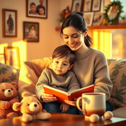 A heartwarming scene depicting a mother and child sitting together, surrounded by a cozy living room filled with family photos and warm lighting