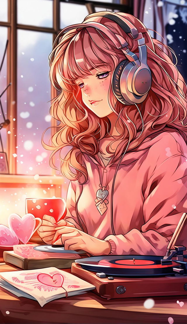 Ultra HD anime-style image of a lofi girl in a Valentine's Day theme.