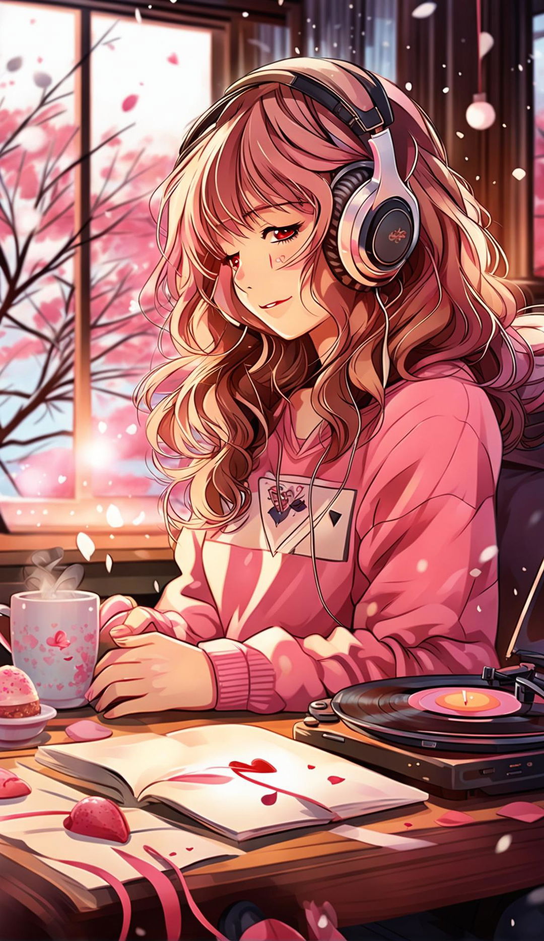 Ultra HD anime-style image of a lofi girl in a Valentine's Day setting.