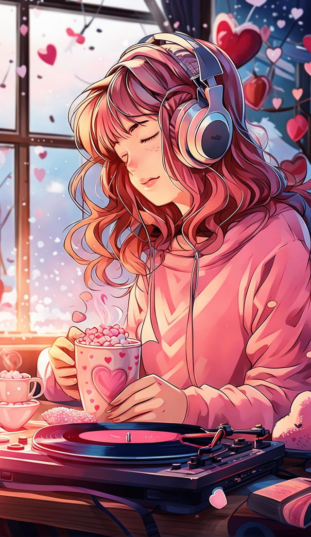 Ultra HD anime-style image of a lofi girl with closed eyes in a Valentine's Day setting.