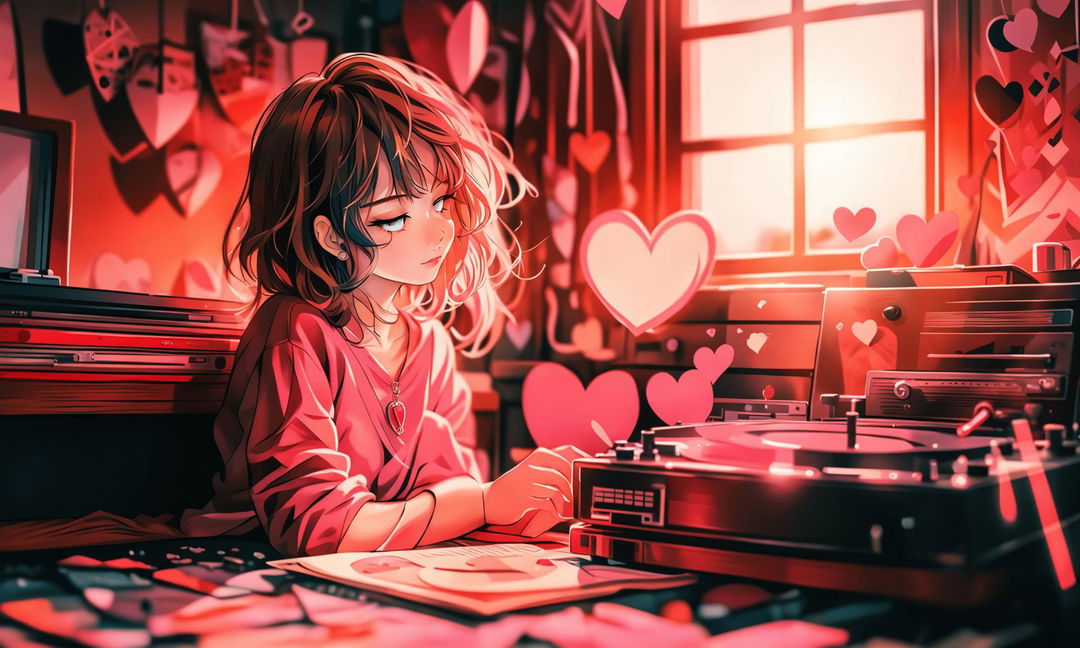 Anime-style lofi girl with closed eyes in an ultra HD 32k image set on Valentine's Day. She's in a cozy room with subtle Valentine's decorations, holding an open heart-shaped locket. The image is captured with a 200mm lens for depth and intimacy.