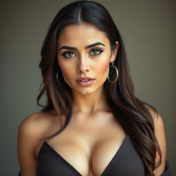 A beautiful 25-year-old Arab woman wearing clothing that reveals her cleavage