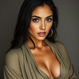 A beautiful 25-year-old Arab woman wearing clothing that reveals her cleavage