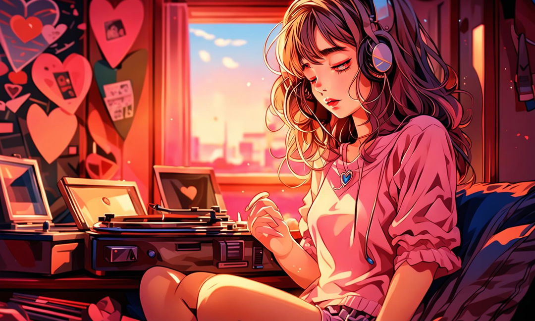 Anime-style lofi girl with closed eyes in an ultra HD 32k image set on Valentine's Day. She's in a cozy room with subtle Valentine's decorations, holding an open heart-shaped locket. The image is captured with a 200mm lens for depth and intimacy.