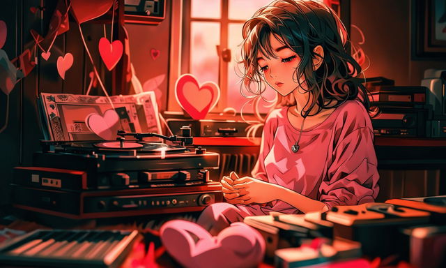 Anime-style lofi girl in an ultra HD image set on Valentine's Day. She's in a cozy room with subtle Valentine's decorations, holding an open heart-shaped locket. The image is captured with a 200mm lens for depth and intimacy.