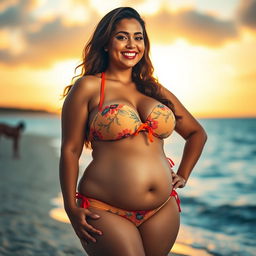 A tall woman with curvy features wearing a stylish bikini that accentuates her large bust and curvy hips