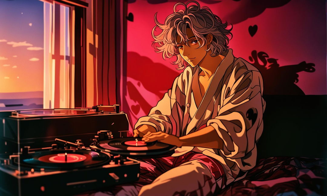 Anime-style lofi cosmic husbando in an ultra HD image set on Valentine's Day. He's in a cozy room with subtle Valentine's decorations, holding an open heart-shaped locket. The image is captured with a 200mm lens for depth and intimacy, with an aesthetic inspired by Wes Anderson.