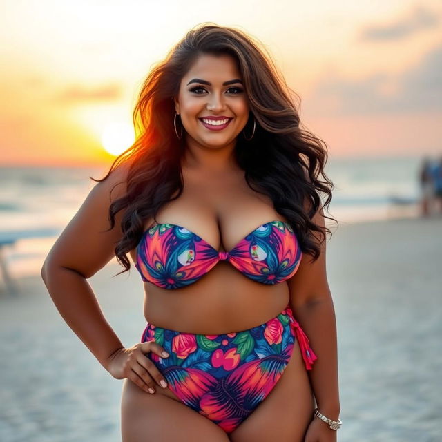 A tall woman with curvy features wearing a stylish bikini that accentuates her large bust and curvy hips