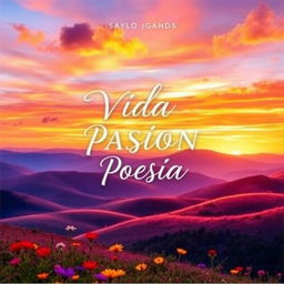 A captivating book cover for a poetry collection titled 'VIDA PASION POESIA', inspired by a colorful landscape