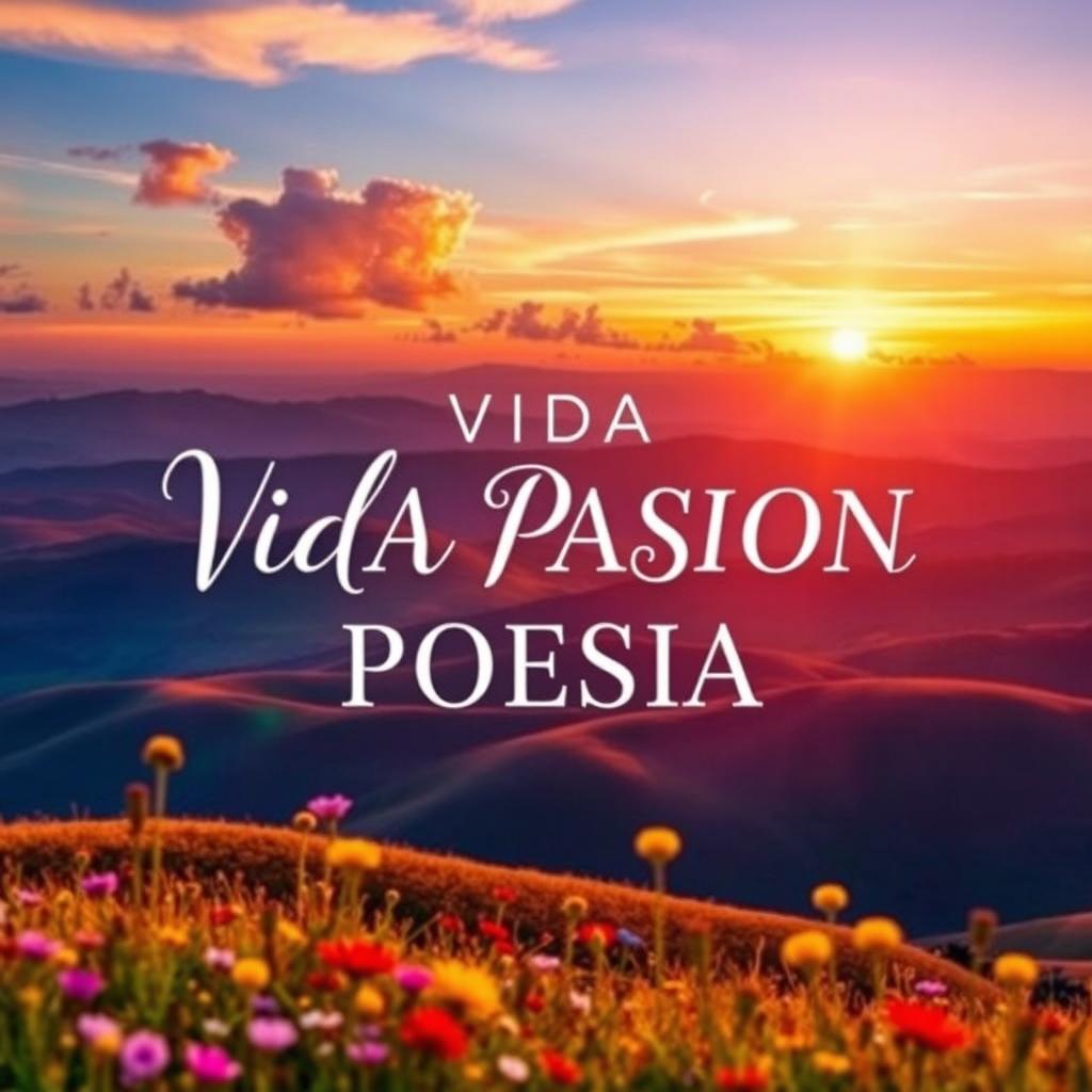 A captivating book cover for a poetry collection titled 'VIDA PASION POESIA', inspired by a colorful landscape