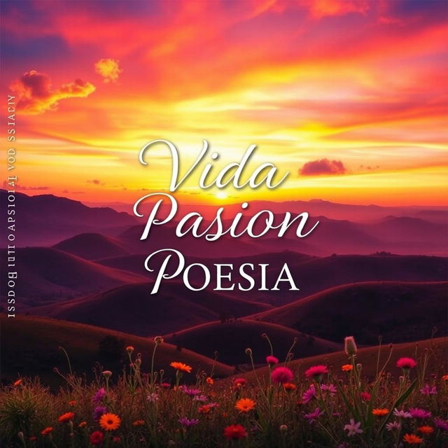 A captivating book cover for a poetry collection titled 'VIDA PASION POESIA', inspired by a colorful landscape