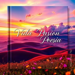 A captivating book cover for a poetry collection titled 'VIDA PASION POESIA', inspired by a colorful landscape