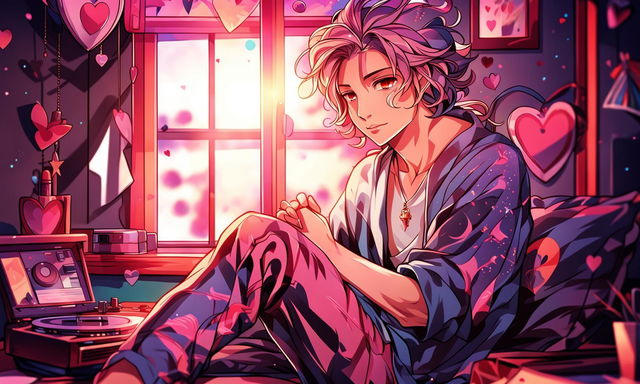 Anime-style lofi cosmic husbando in an ultra HD image set on Valentine's Day. He's in a cozy room with subtle Valentine's decorations, holding an open heart-shaped locket. The image is captured with a 200mm lens for depth and intimacy.