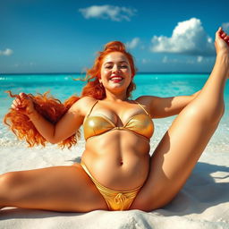 A mesmerizing busty fair-skinned freckled curly redhead, lounging back comfortably, spread-legged in a tiny shimmering gold bikini