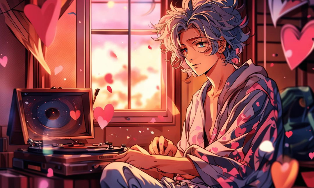 Anime-style lofi cosmic husbando in an ultra HD image set on Valentine's Day. He's in a cozy room with subtle Valentine's decorations, holding an open heart-shaped locket. The image is captured with a 200mm lens for depth and intimacy.