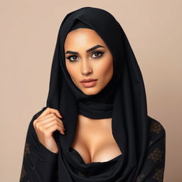 A beautiful 25-year-old Arab woman wearing a hijab that elegantly complements her outfit, revealing a tasteful amount of cleavage