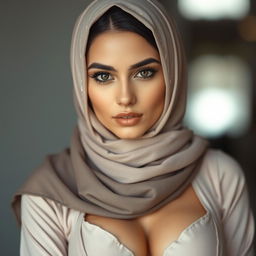 A beautiful 25-year-old Arab woman wearing a hijab that elegantly complements her outfit, revealing a tasteful amount of cleavage