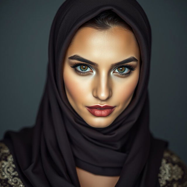 A beautiful 25-year-old Arab woman wearing a hijab that elegantly complements her outfit, revealing a tasteful amount of cleavage