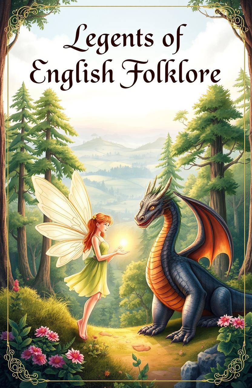 A beautifully illustrated cover for an English folklore book, featuring iconic creatures such as fairies, a dragon, and a mystical forest