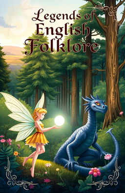 A beautifully illustrated cover for an English folklore book, featuring iconic creatures such as fairies, a dragon, and a mystical forest