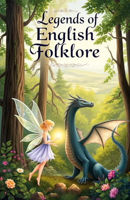 A beautifully illustrated cover for an English folklore book, featuring iconic creatures such as fairies, a dragon, and a mystical forest