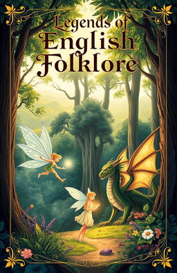 A beautifully illustrated cover for an English folklore book, featuring iconic creatures such as fairies, a dragon, and a mystical forest