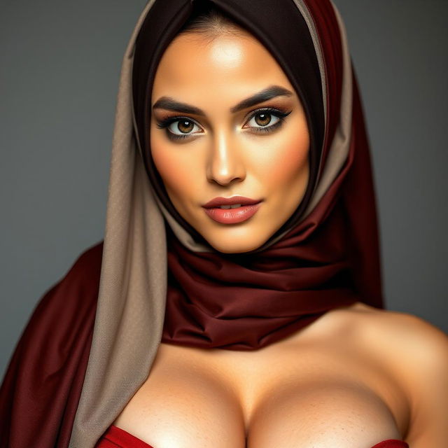 A beautiful 25-year-old Arab woman wearing a stylish hijab that enhances her outfit while revealing a tasteful amount of cleavage