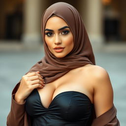 A beautiful 25-year-old Arab woman wearing a stylish hijab that enhances her outfit while revealing a tasteful amount of cleavage